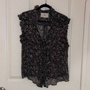 7 For All Mankind Black Sleeveless Floral Ruffle Blouse